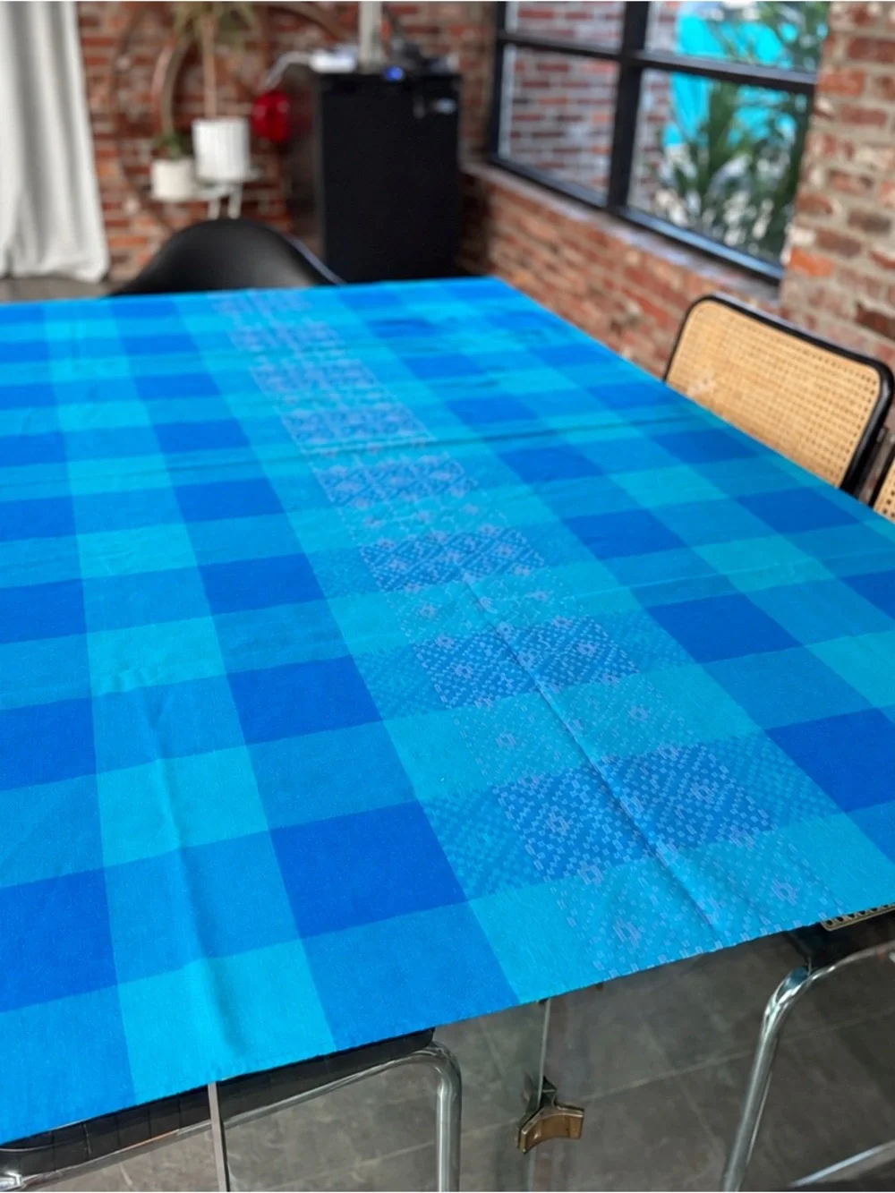Vintage 1970s Almedahls Swedish Blue Plaid Jacquard Tablecloth 72x51